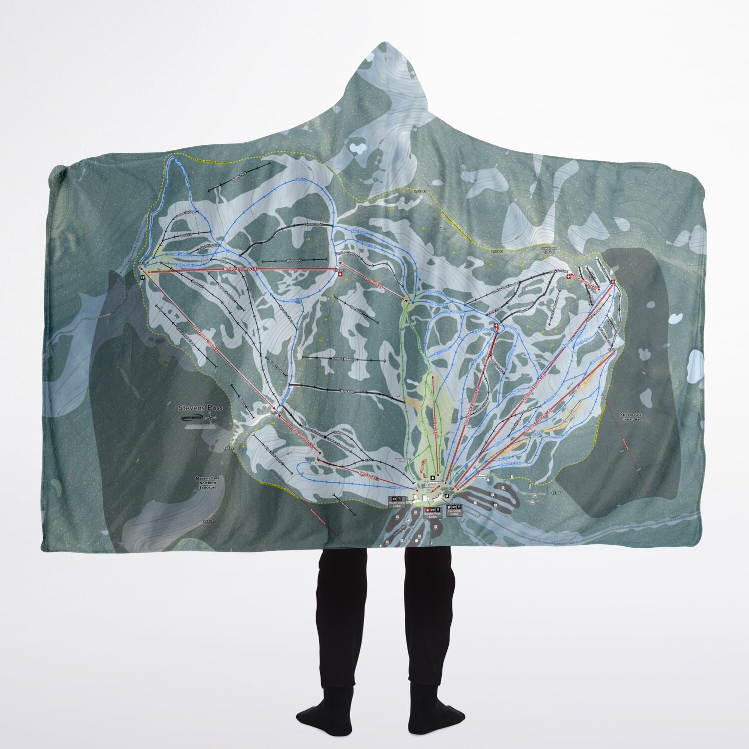 Stevens Pass, Washington Ski Trail Map - Adult Hooded Blanket