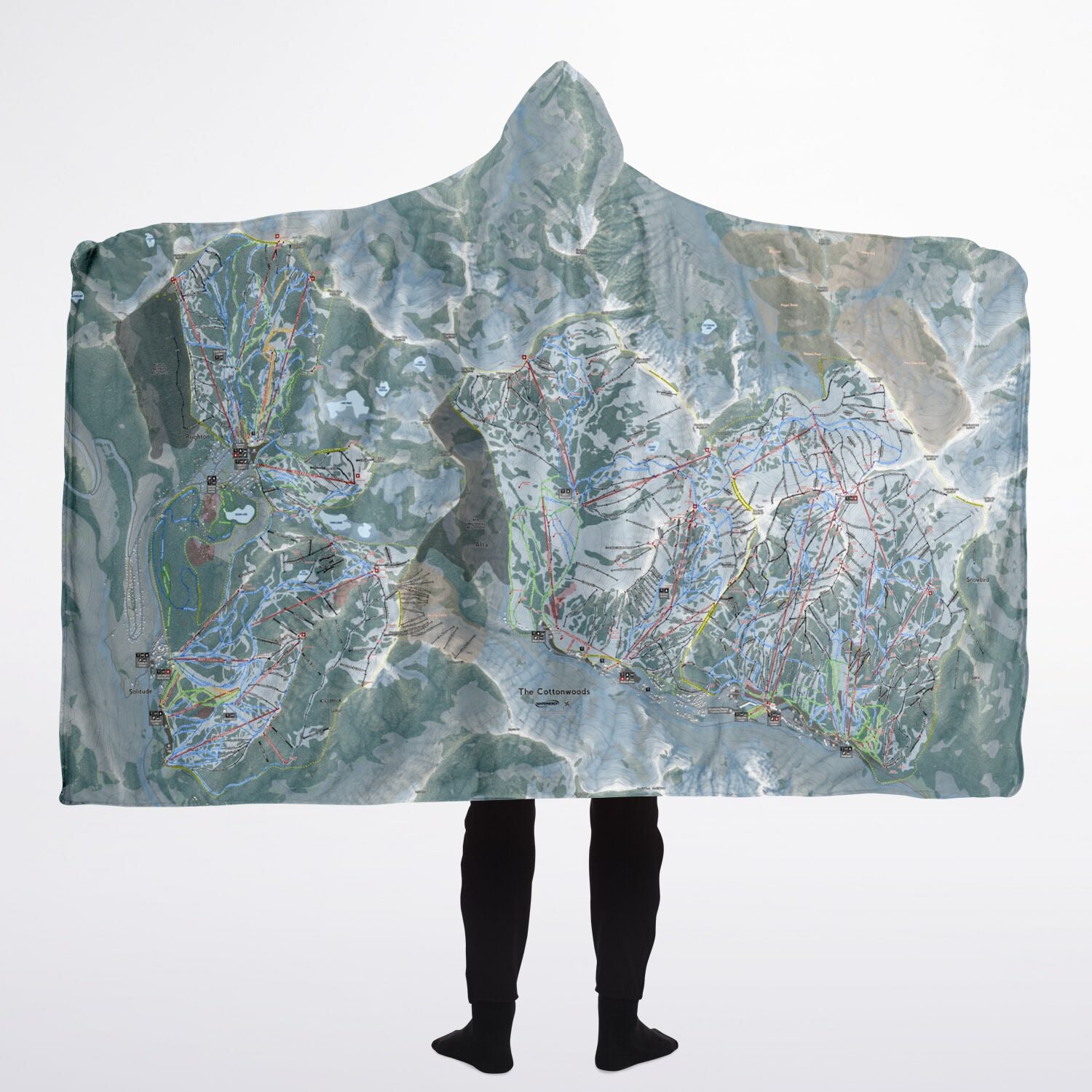 The Cottonwoods, Utah Ski Trail Map - Adult Hooded Blanket