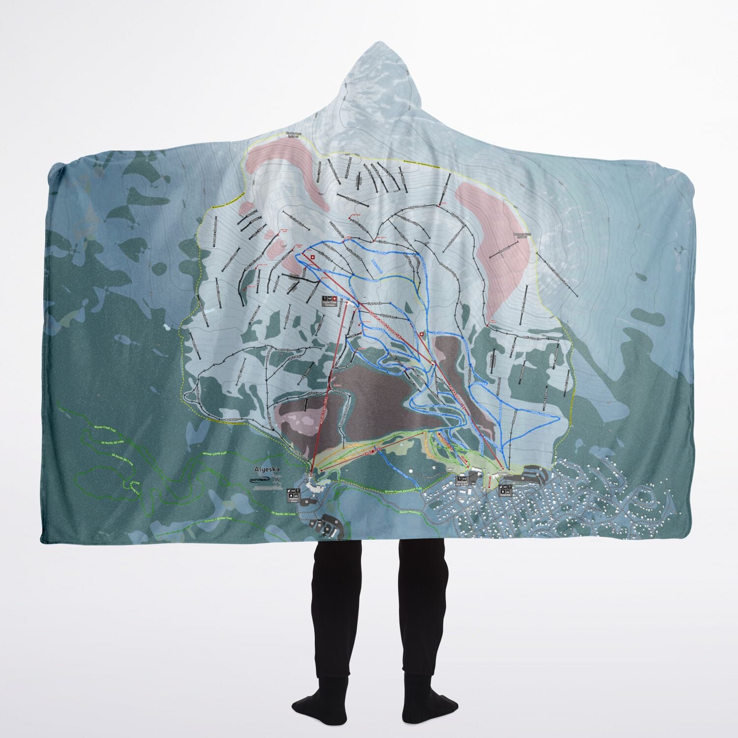 Alyeska, Alaska Ski Trail Map - Adult Hooded Blanket