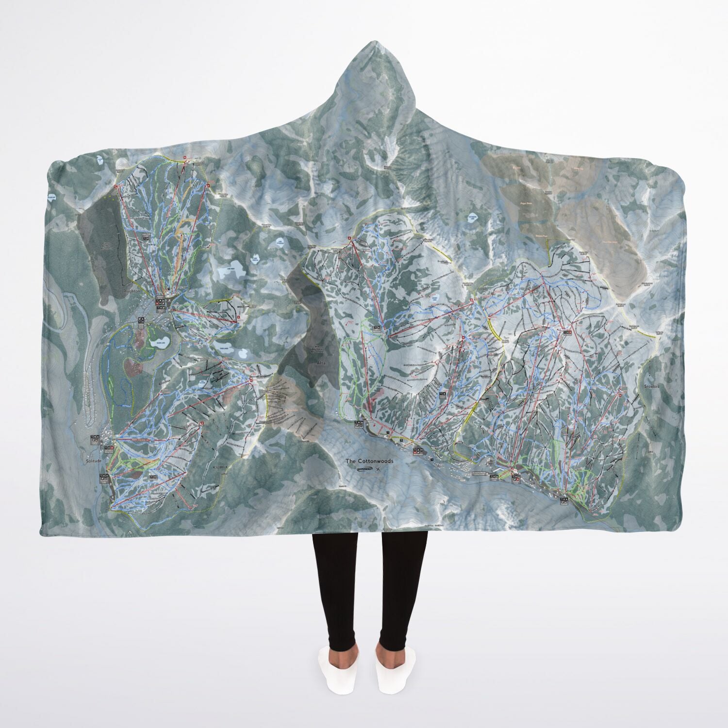 The Cottonwoods, Utah Ski Trail Map - Adult Hooded Blanket