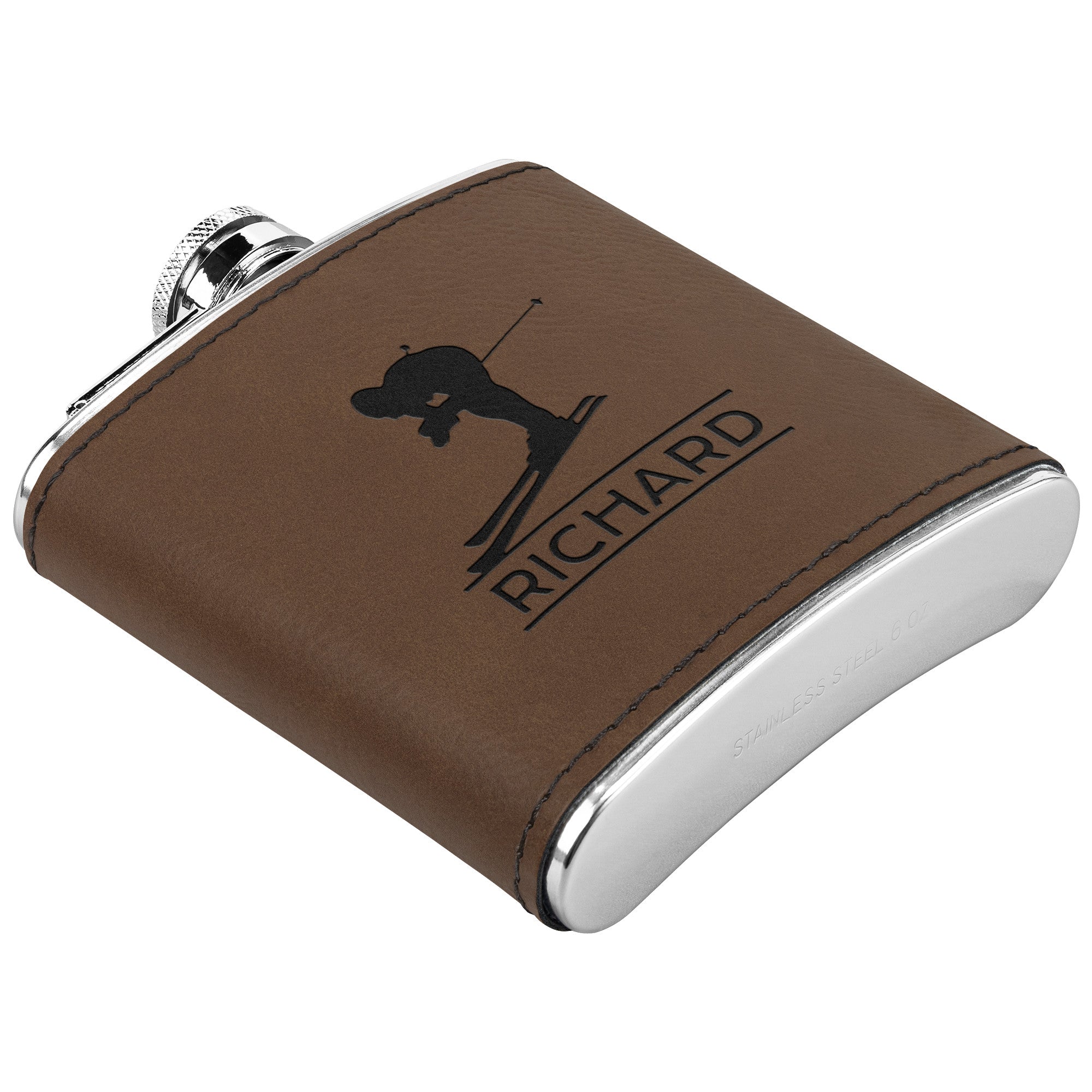 Ski FLASKS WITH HAND DYED ENGRAVED LEATHER WRAP - STAINLESS STEEL FLASK