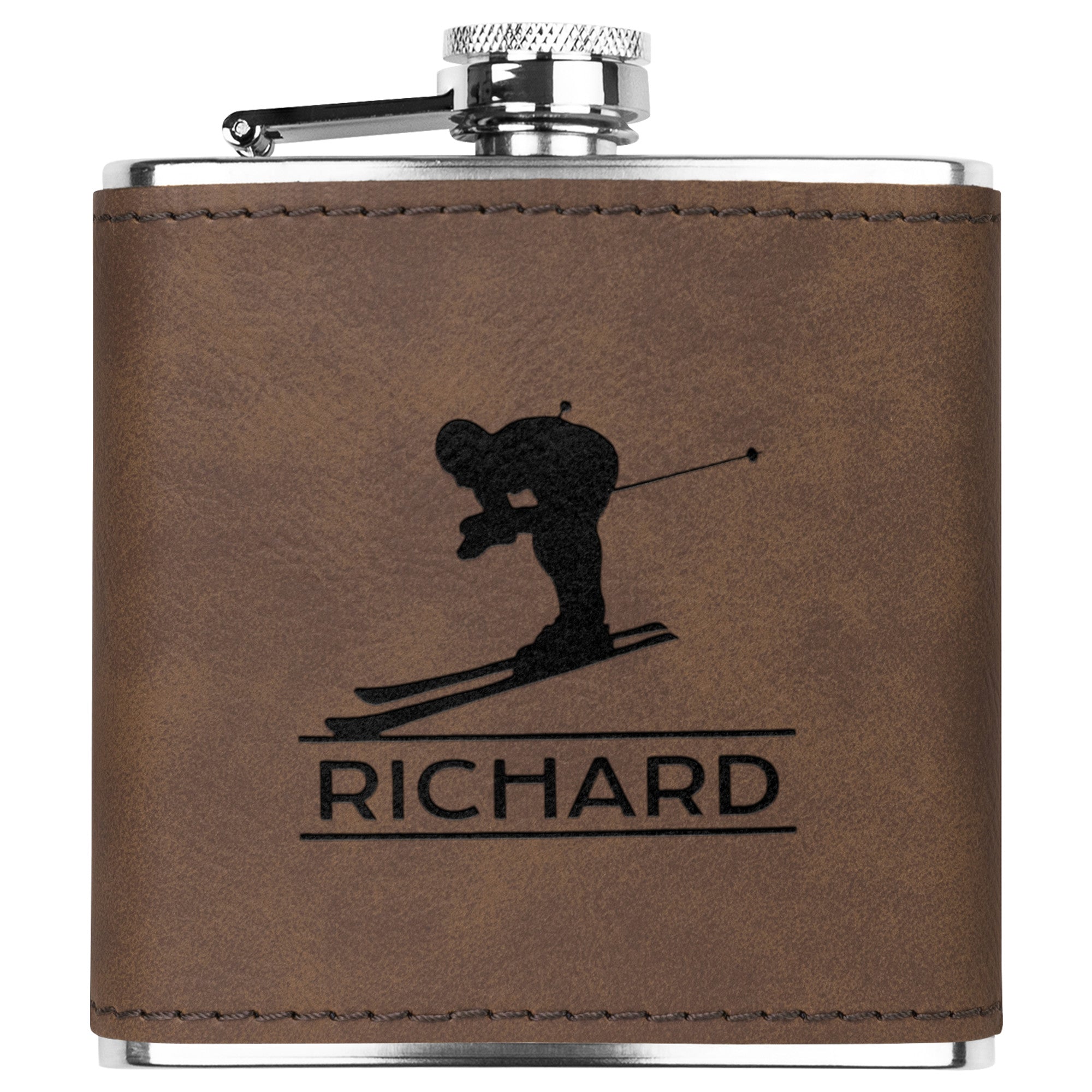 Ski FLASKS WITH HAND DYED ENGRAVED LEATHER WRAP - STAINLESS STEEL FLASK