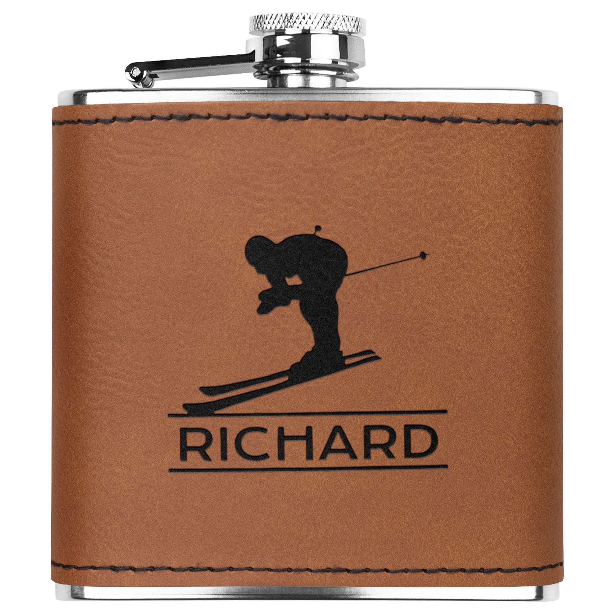 Ski FLASKS WITH HAND DYED ENGRAVED LEATHER WRAP - STAINLESS STEEL FLASK