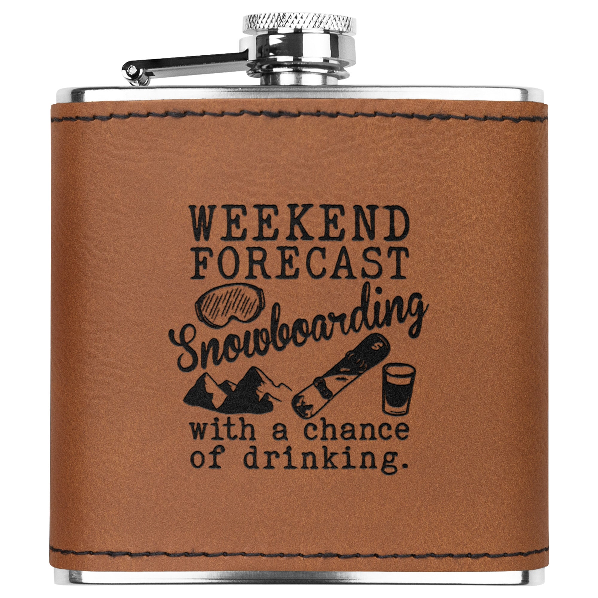 SNOWBOARD FLASKS WITH HAND DYED ENGRAVED LEATHER WRAP - STAINLESS STEEL FLASK