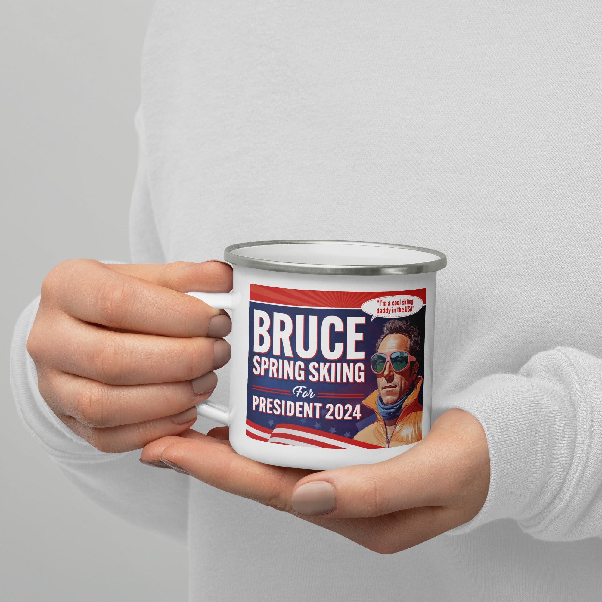 Bruce Spring Skiing For President 2024 Enamel Mug