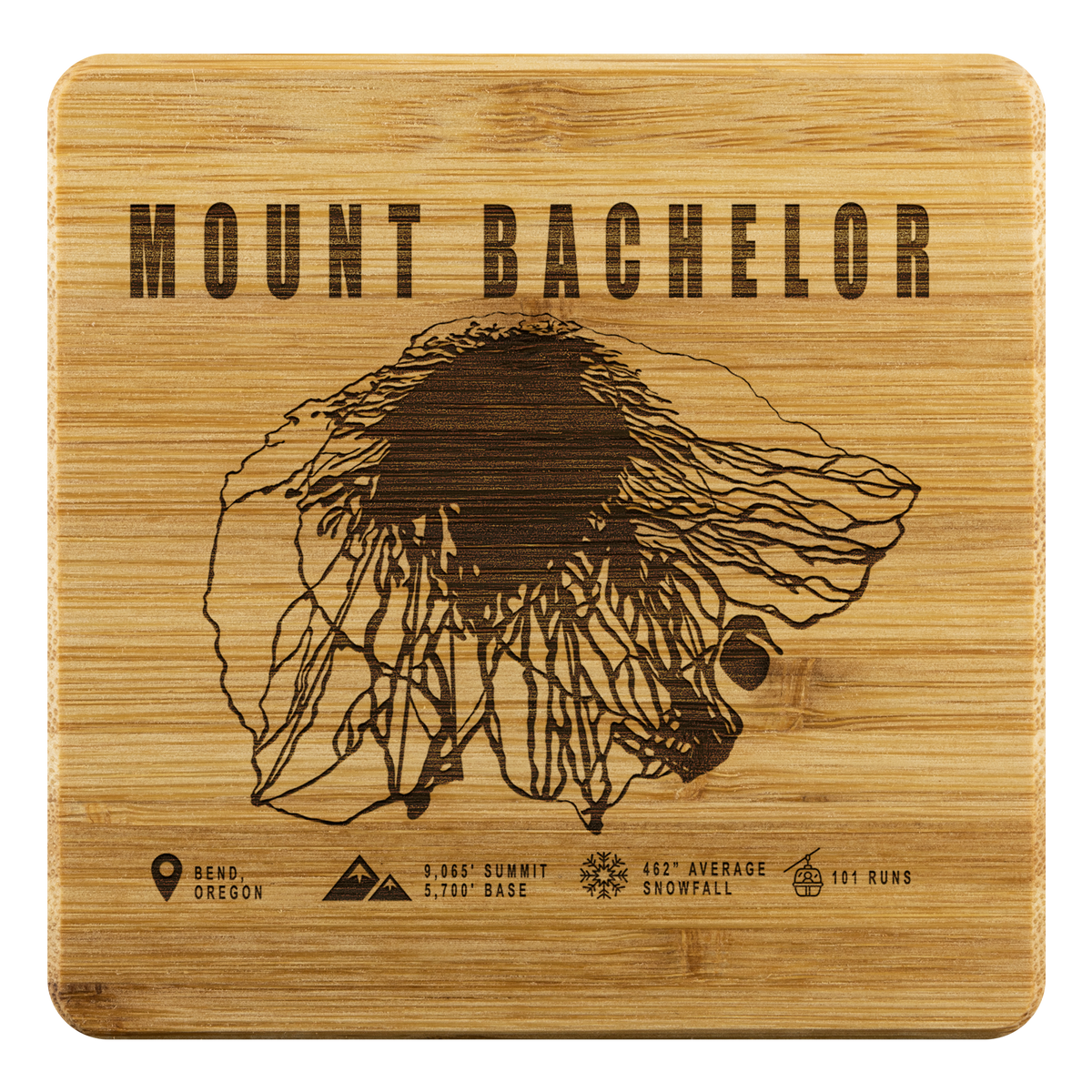 Mount Bachelor, Oregon Ski Trail Map Bamboo Coaster - Powderaddicts