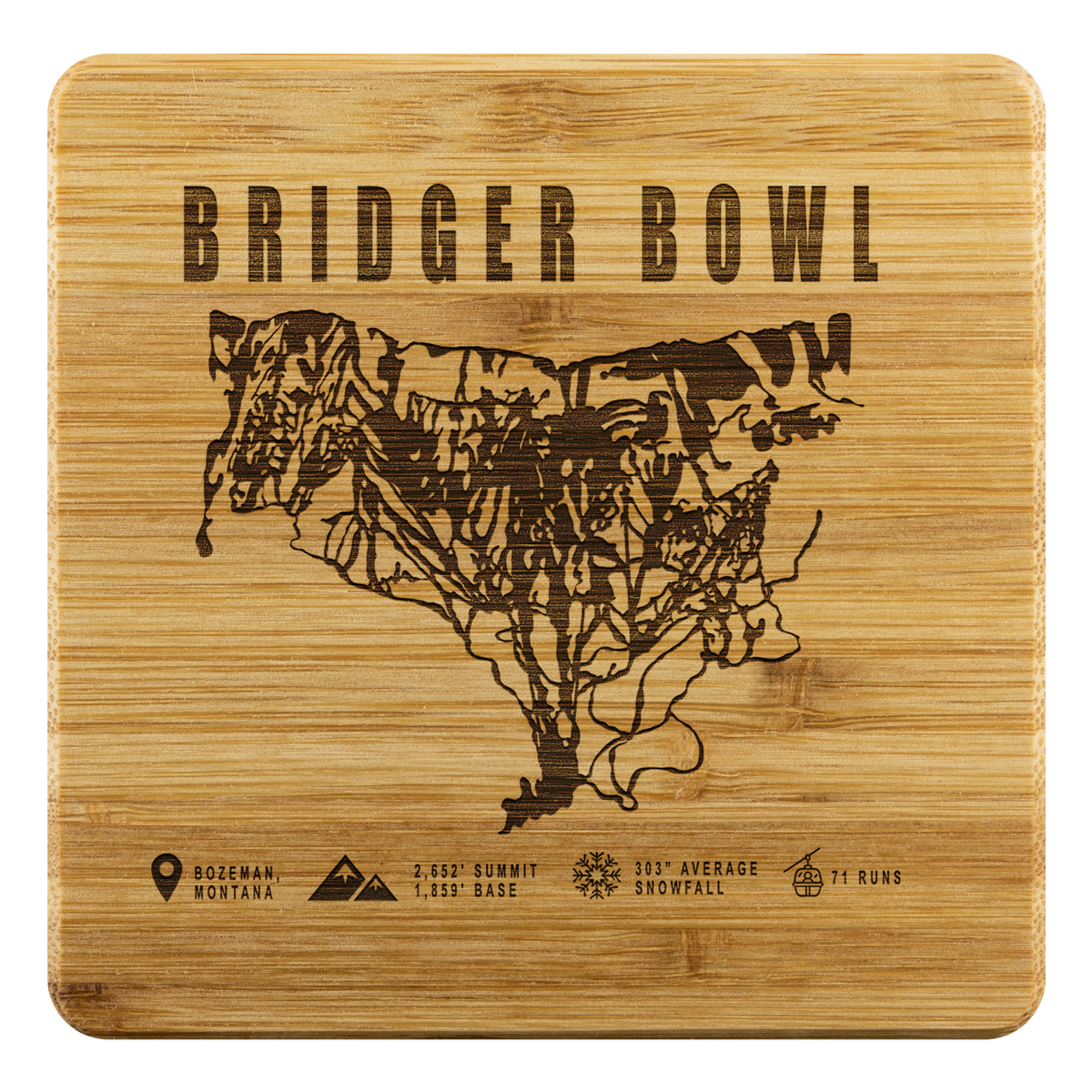 Bridger Bowl Montana Ski Trail Map Bamboo Coaster - Powderaddicts