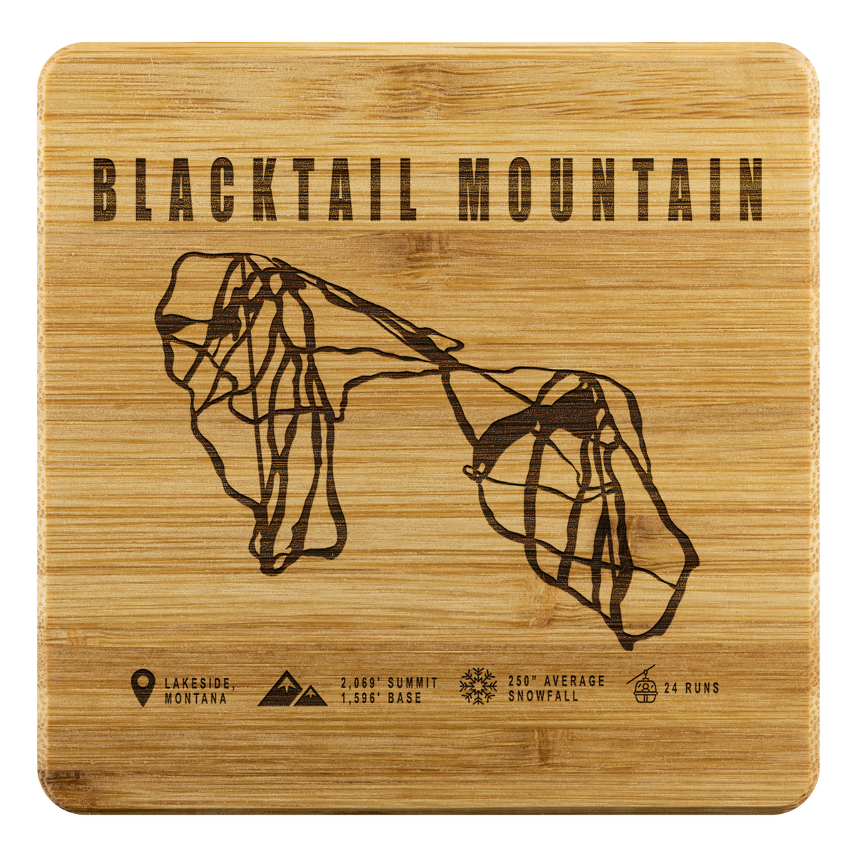 Blacktail Mountain Montana Ski Trail Map Bamboo Coaster - Powderaddicts