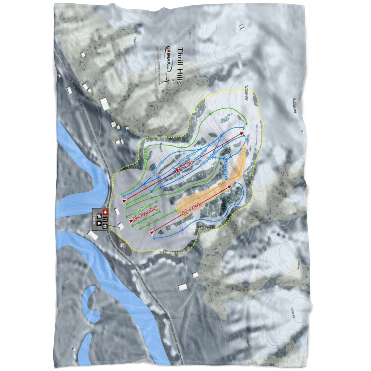 Thrill Hills, North Dakota Ski Trail Map Fleece Blanket - Powderaddicts