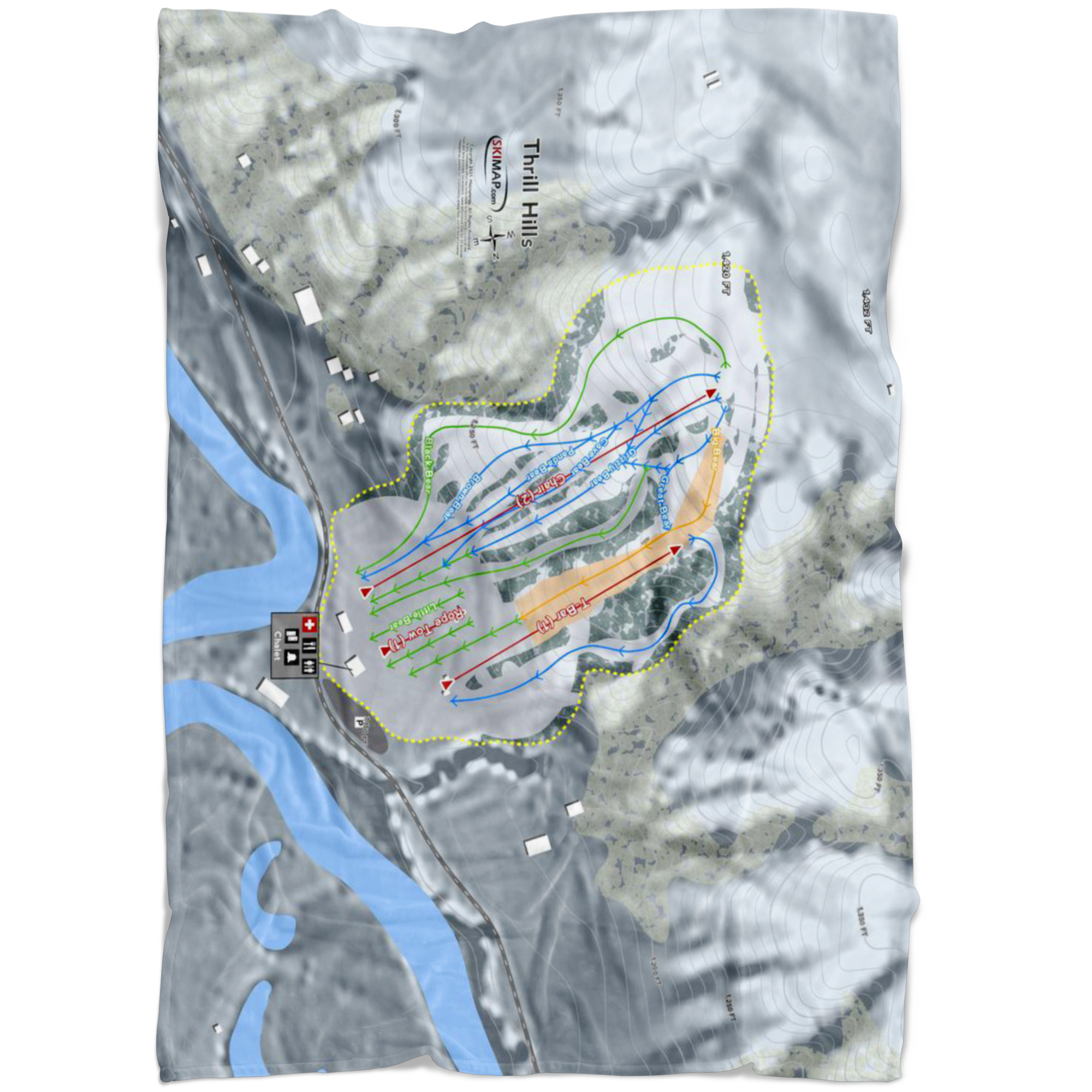 Thrill Hills, North Dakota Ski Trail Map Fleece Blanket - Powderaddicts