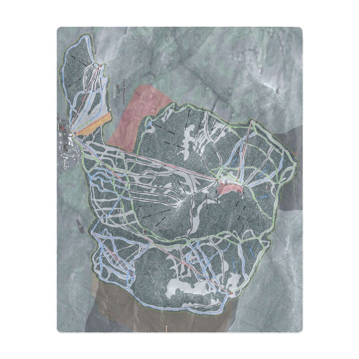 Red Mountain, British Columbia Ski Resort Map Printed Beach Towel - Powderaddicts