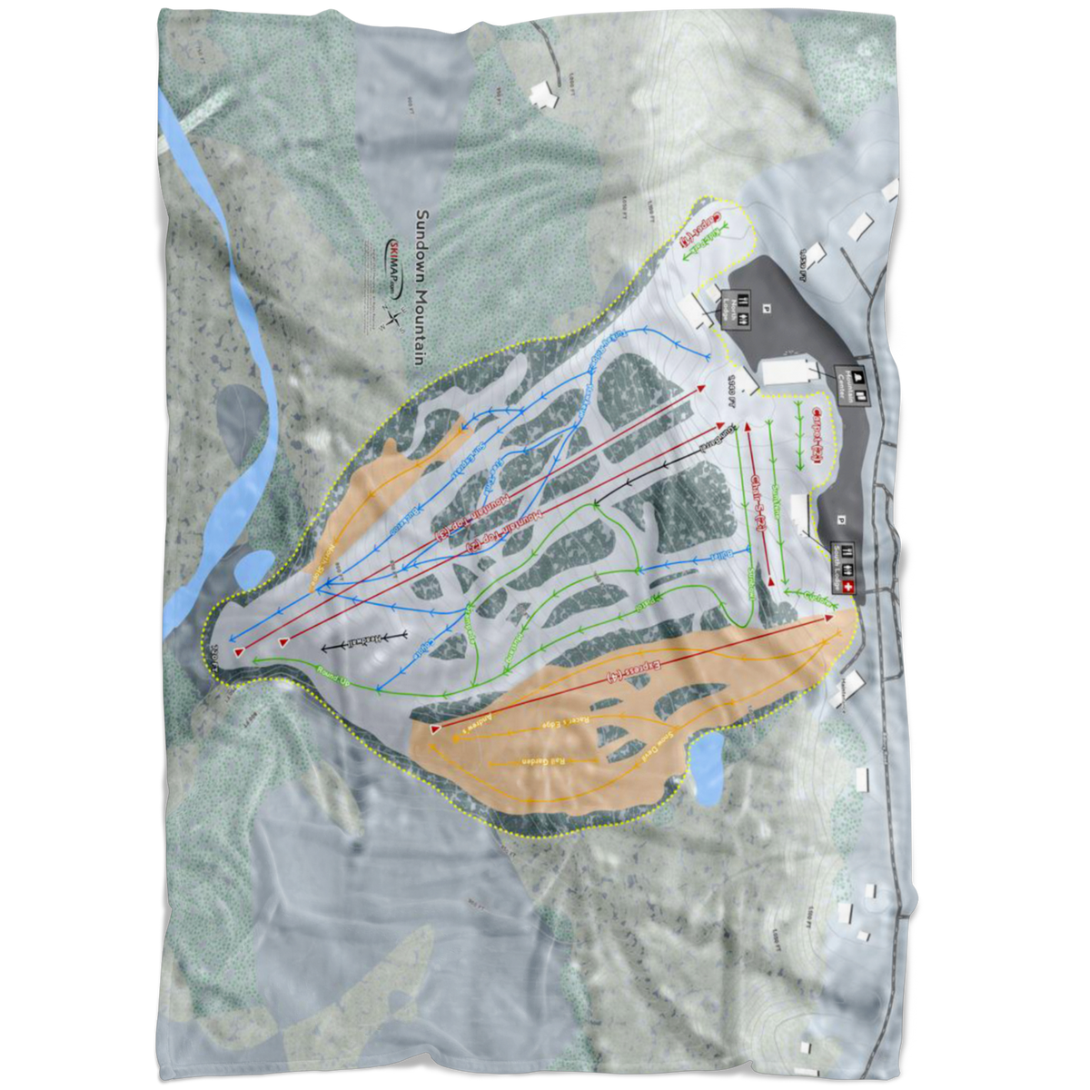 Sundown Mountain, Iowa Ski Trail Map Fleece Blanket - Powderaddicts