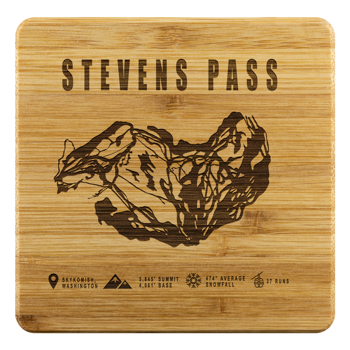 Stevens Pass, Washington Ski Trail Map Bamboo Coaster - Powderaddicts