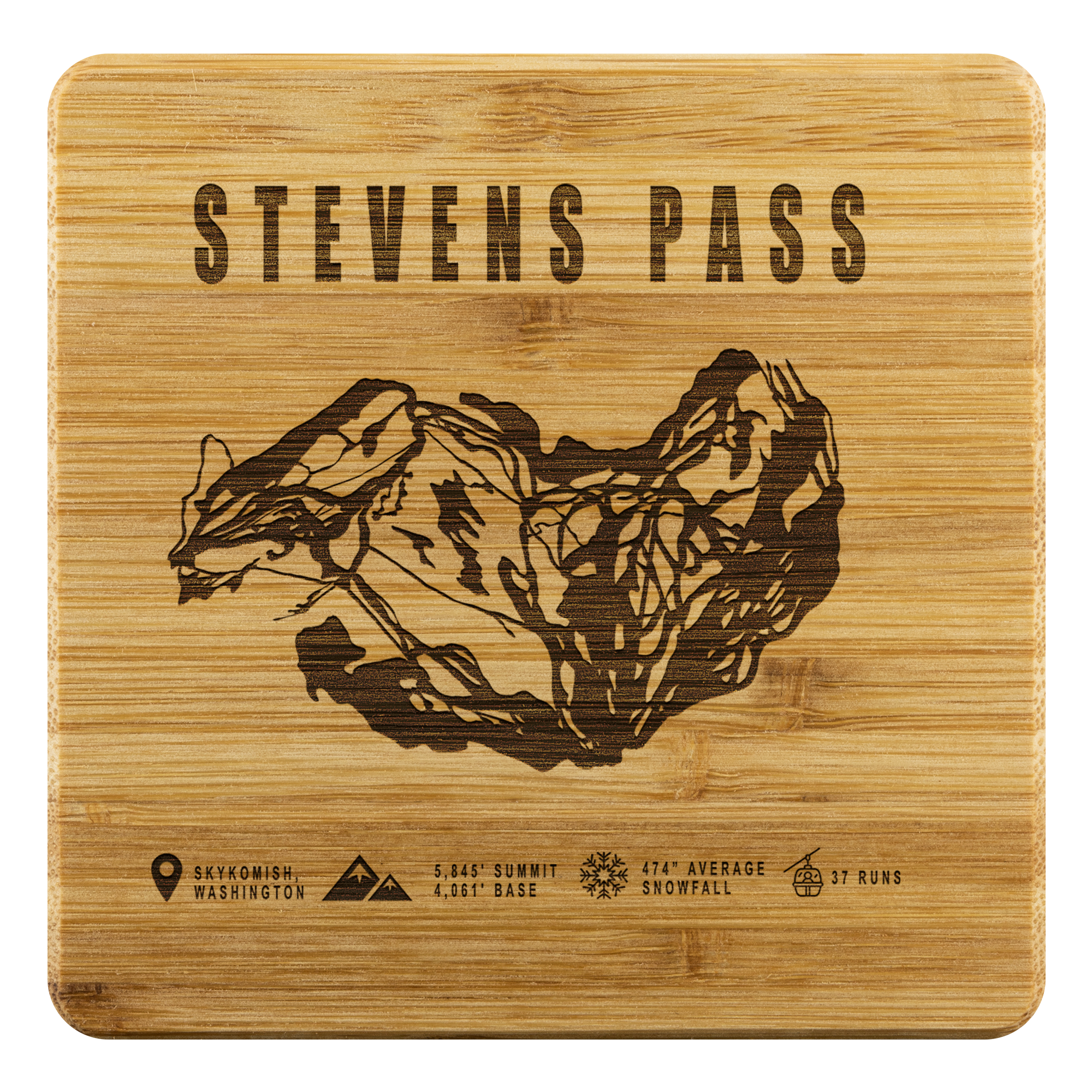 Stevens Pass, Washington Ski Trail Map Bamboo Coaster - Powderaddicts