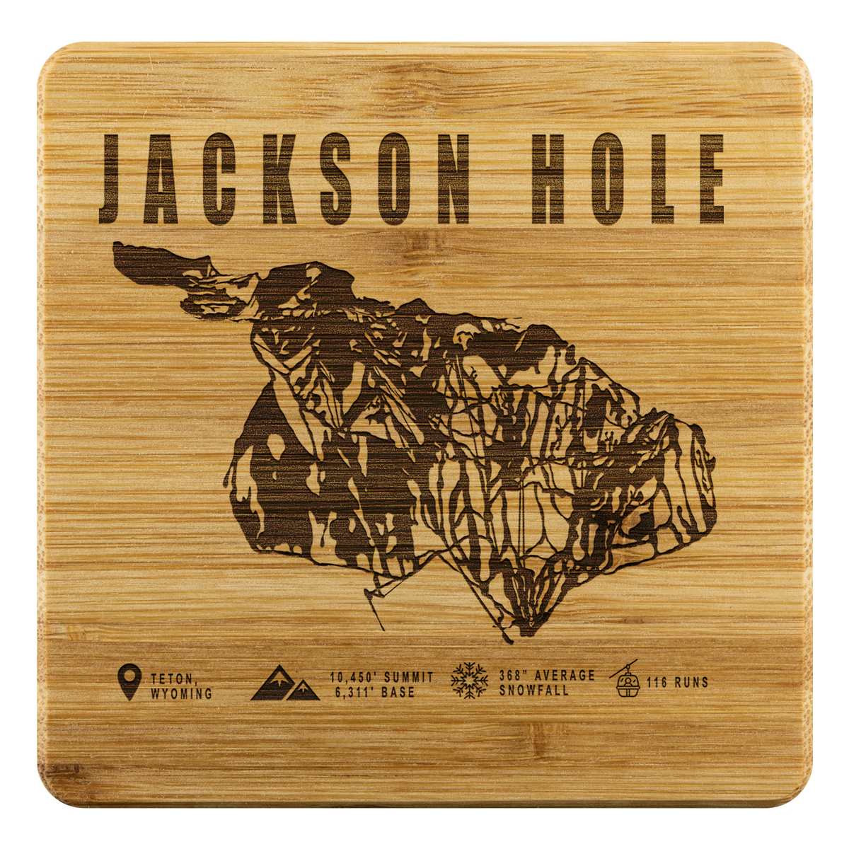 Jackson Hole Wyoming Ski Trail Map Bamboo Coaster - Powderaddicts