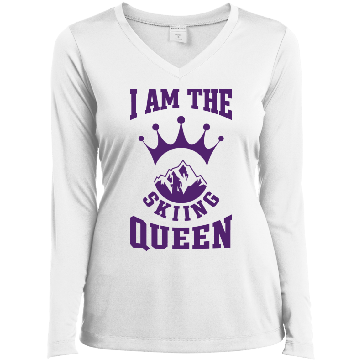 I Am The Skiing Queen Purple Sport-Tek Ladies' LS Performance V-Neck  T-Shirt