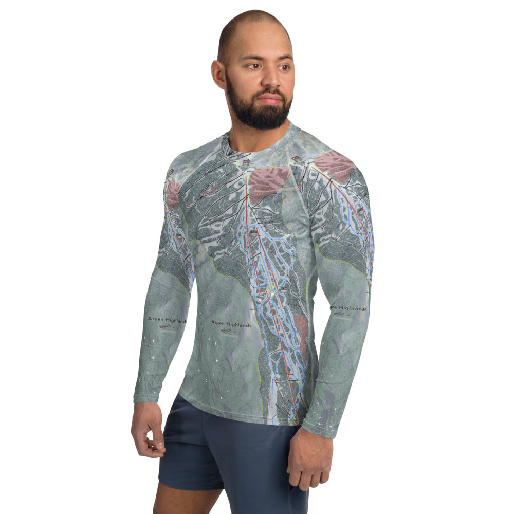 Aspen Highlands, Colorado Ski Trail Map Men's Base Layer Top - Powderaddicts