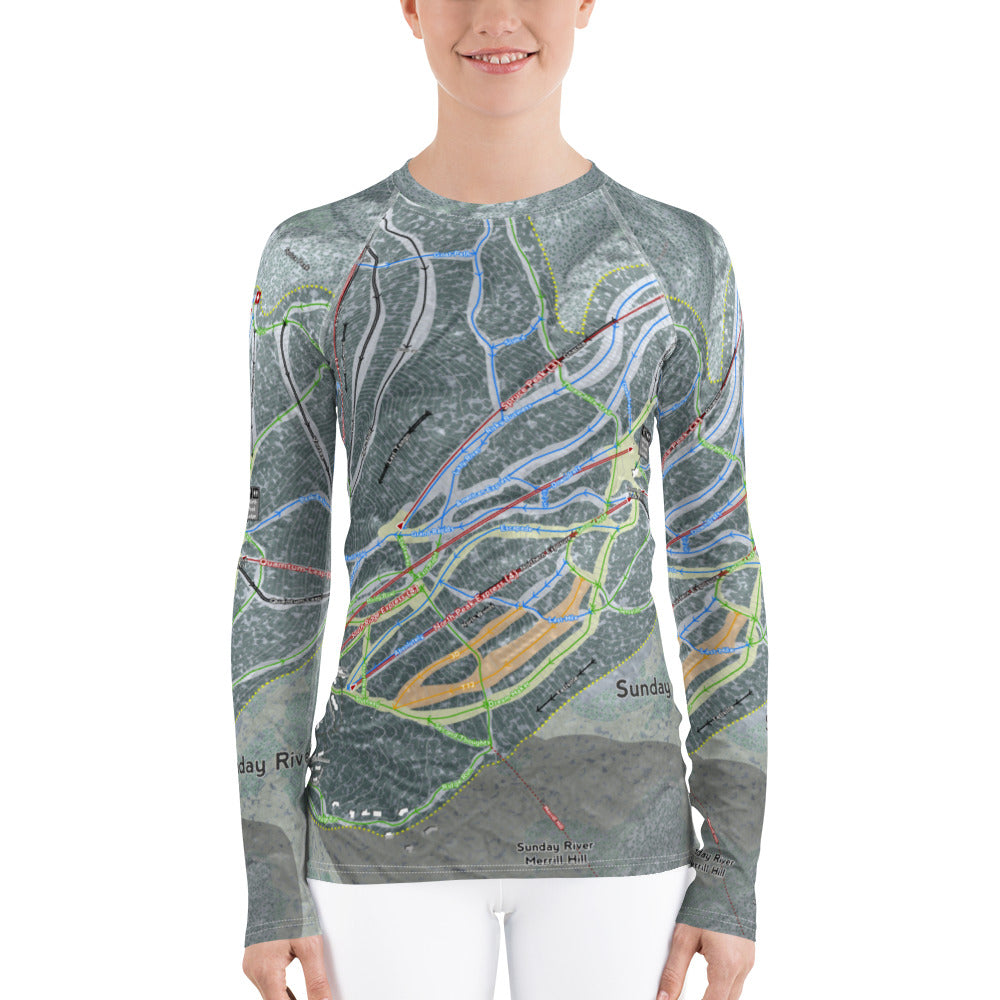 Sunday River, Maine Ski Trail Map Women&#39;s Base Layer Top - Powderaddicts