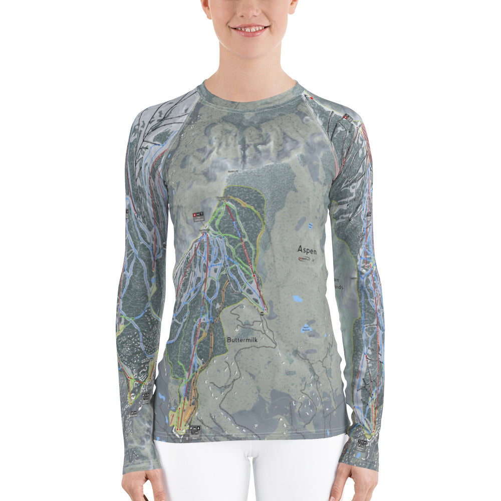 Aspen Snowmass, Colorado Ski Trail Map Women&#39;s Base Layer Top - Powderaddicts