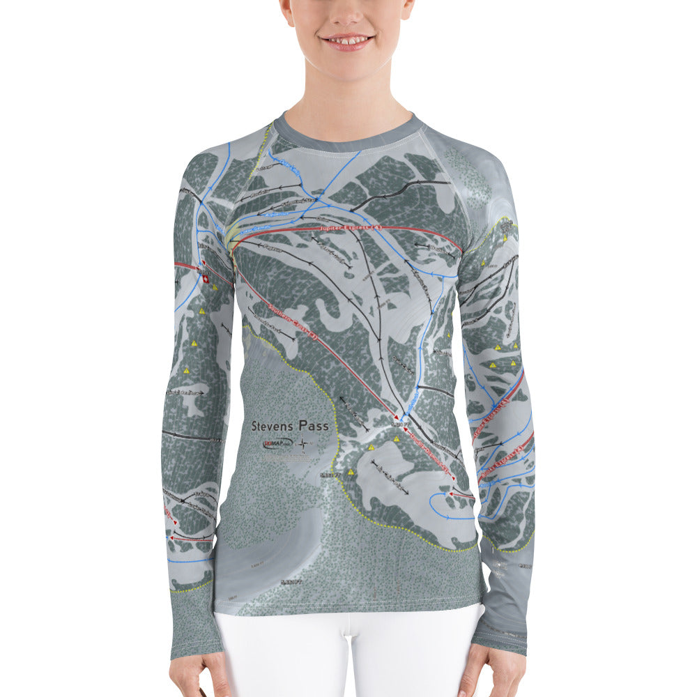 Stevens Pass, Washington Ski Trail Map Women&#39;s Base Layer Top - Powderaddicts