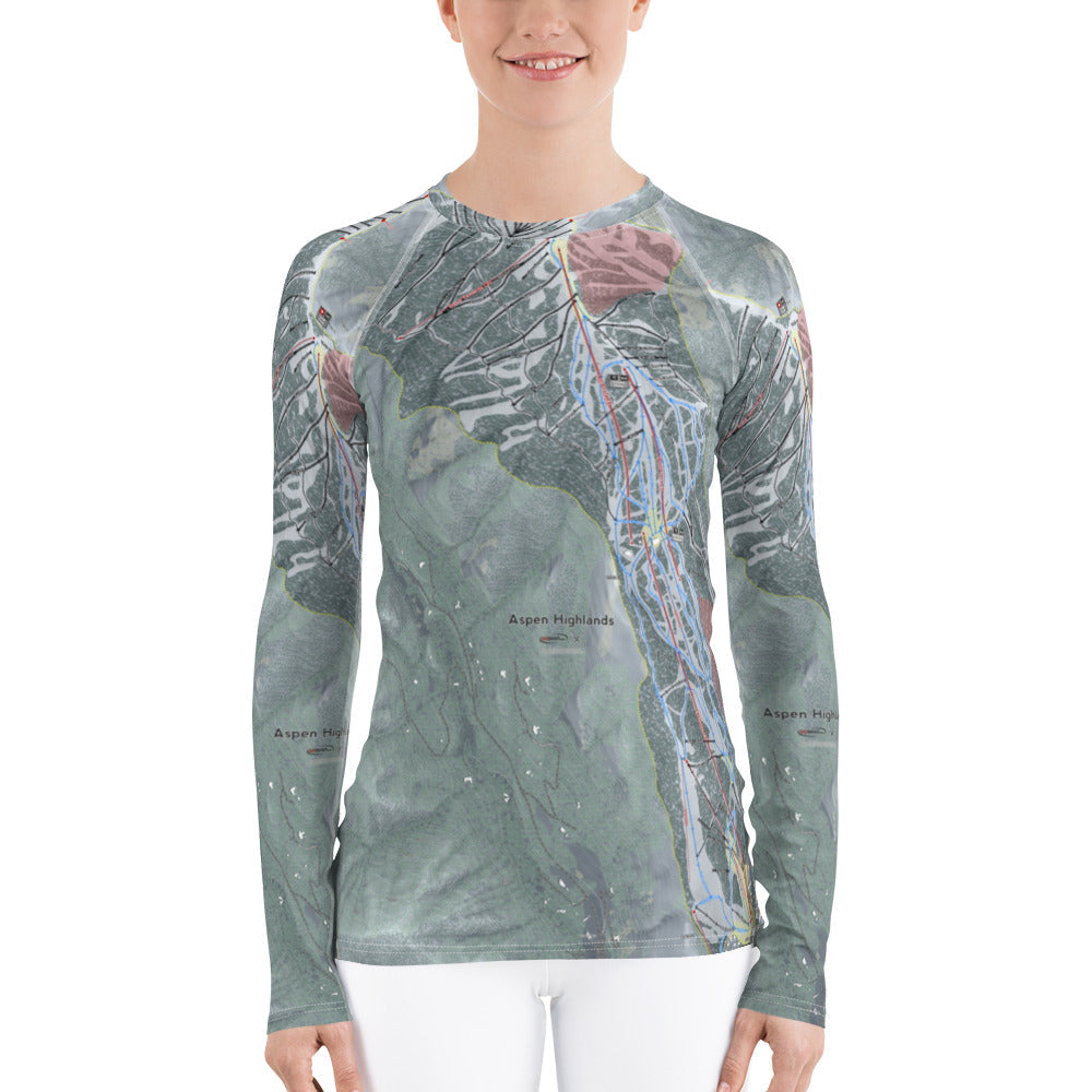 Aspen Highlands, Colorado Ski Trail Map Women&#39;s Base Layer Top - Powderaddicts