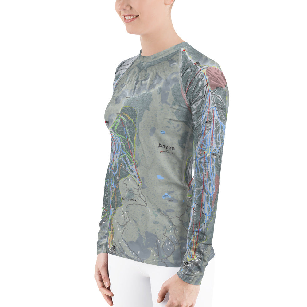 Aspen Snowmass, Colorado Ski Trail Map Women's Base Layer Top - Powderaddicts