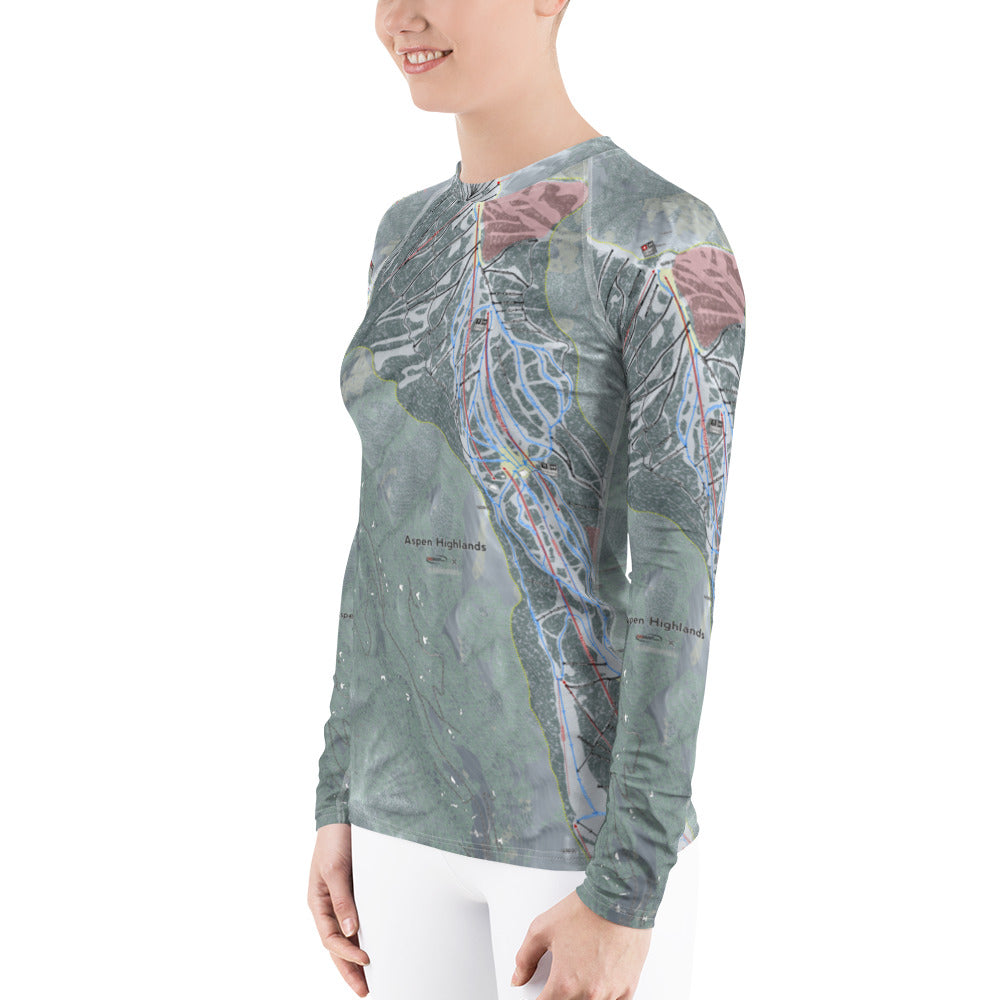 Aspen Highlands, Colorado Ski Trail Map Women's Base Layer Top - Powderaddicts