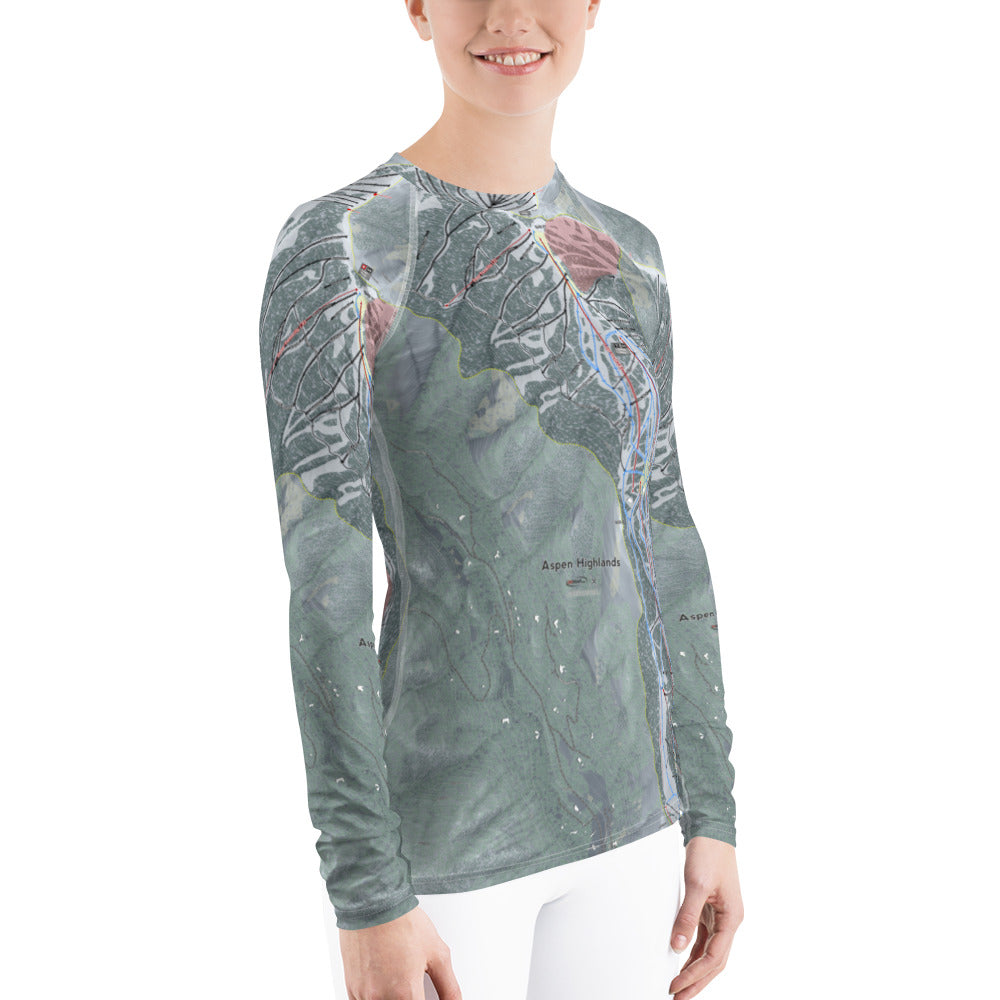 Aspen Highlands, Colorado Ski Trail Map Women's Base Layer Top - Powderaddicts