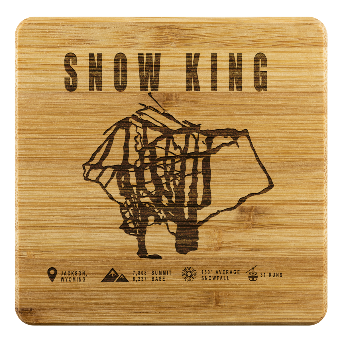 Snow King Wyoming Ski Trail Map Bamboo Coaster - Powderaddicts