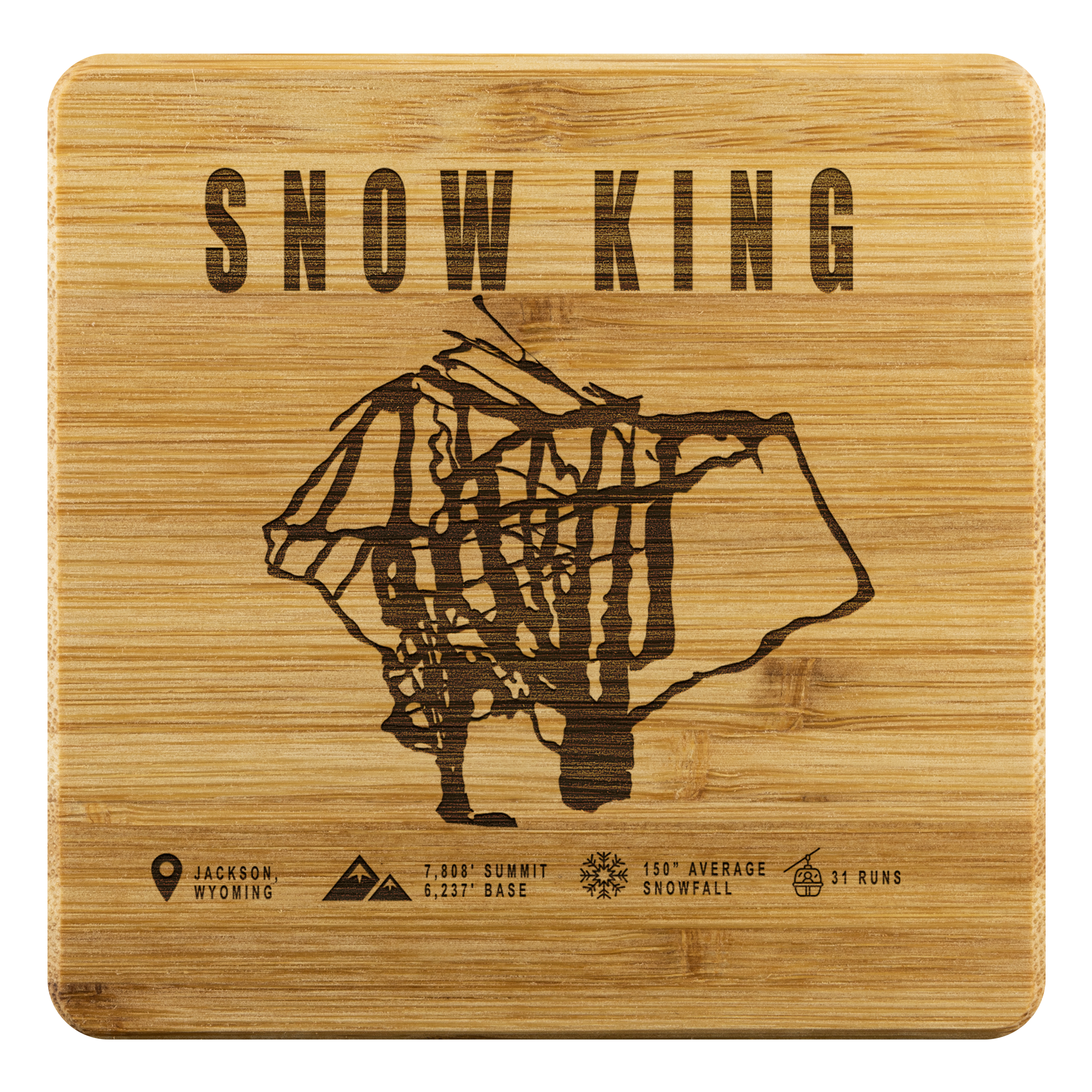 Snow King Wyoming Ski Trail Map Bamboo Coaster - Powderaddicts