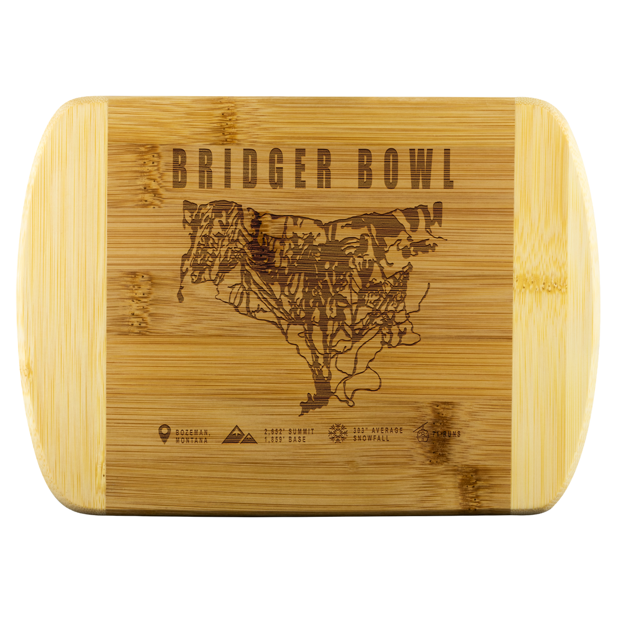 Bridger Bowl Montana Ski Trail Map Bamboo Cutting Board Round Edge - Powderaddicts