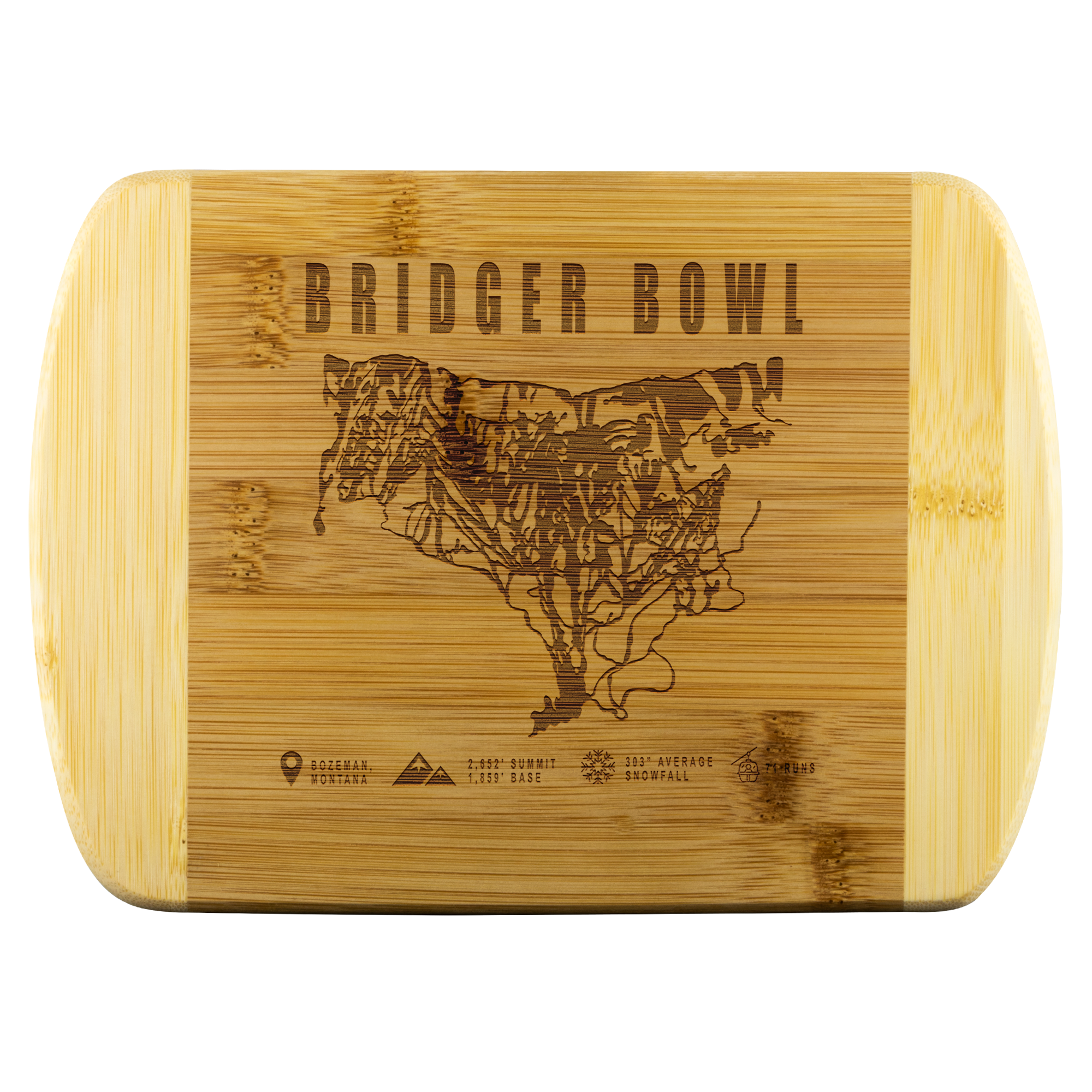 Bridger Bowl Montana Ski Trail Map Bamboo Cutting Board Round Edge - Powderaddicts