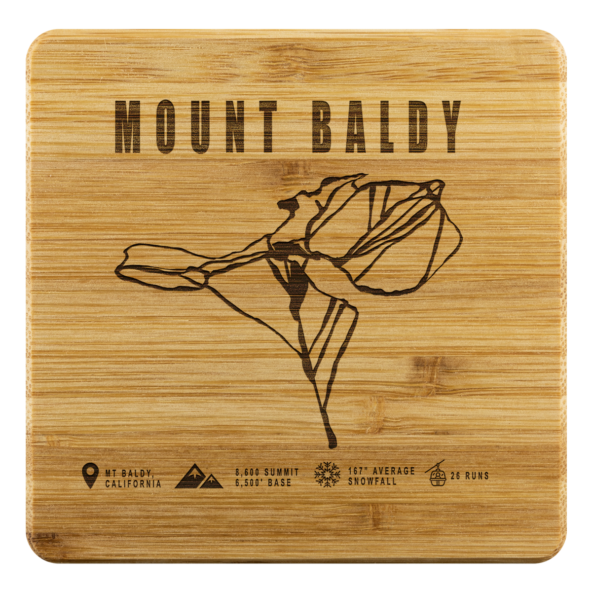 Mount Baldy, California Ski Trail Map Bamboo Coaster - Powderaddicts