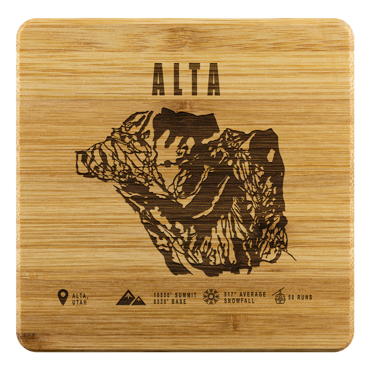 Alta,Utah Ski Trail Map Bamboo Coaster - Powderaddicts