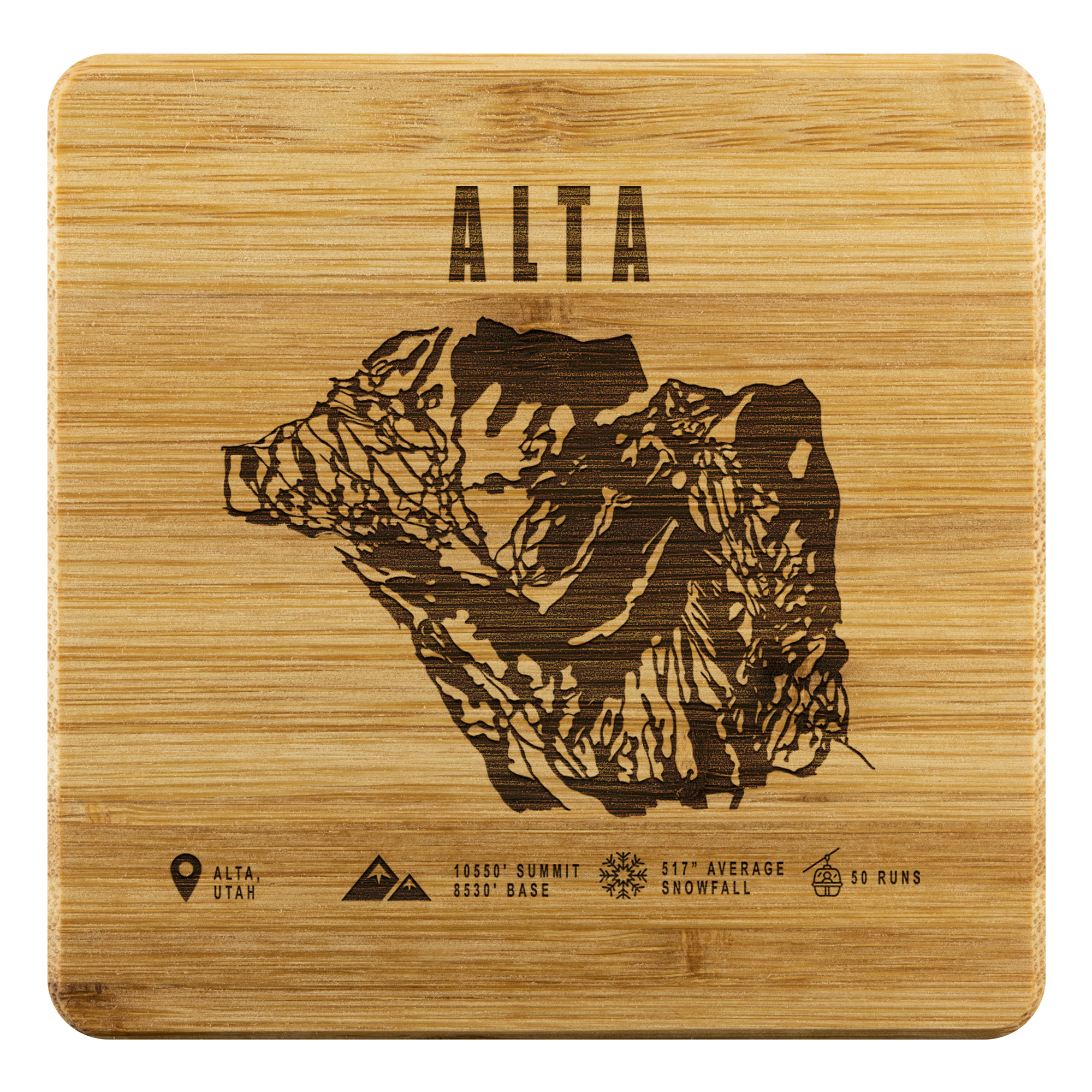 Alta,Utah Ski Trail Map Bamboo Coaster - Powderaddicts