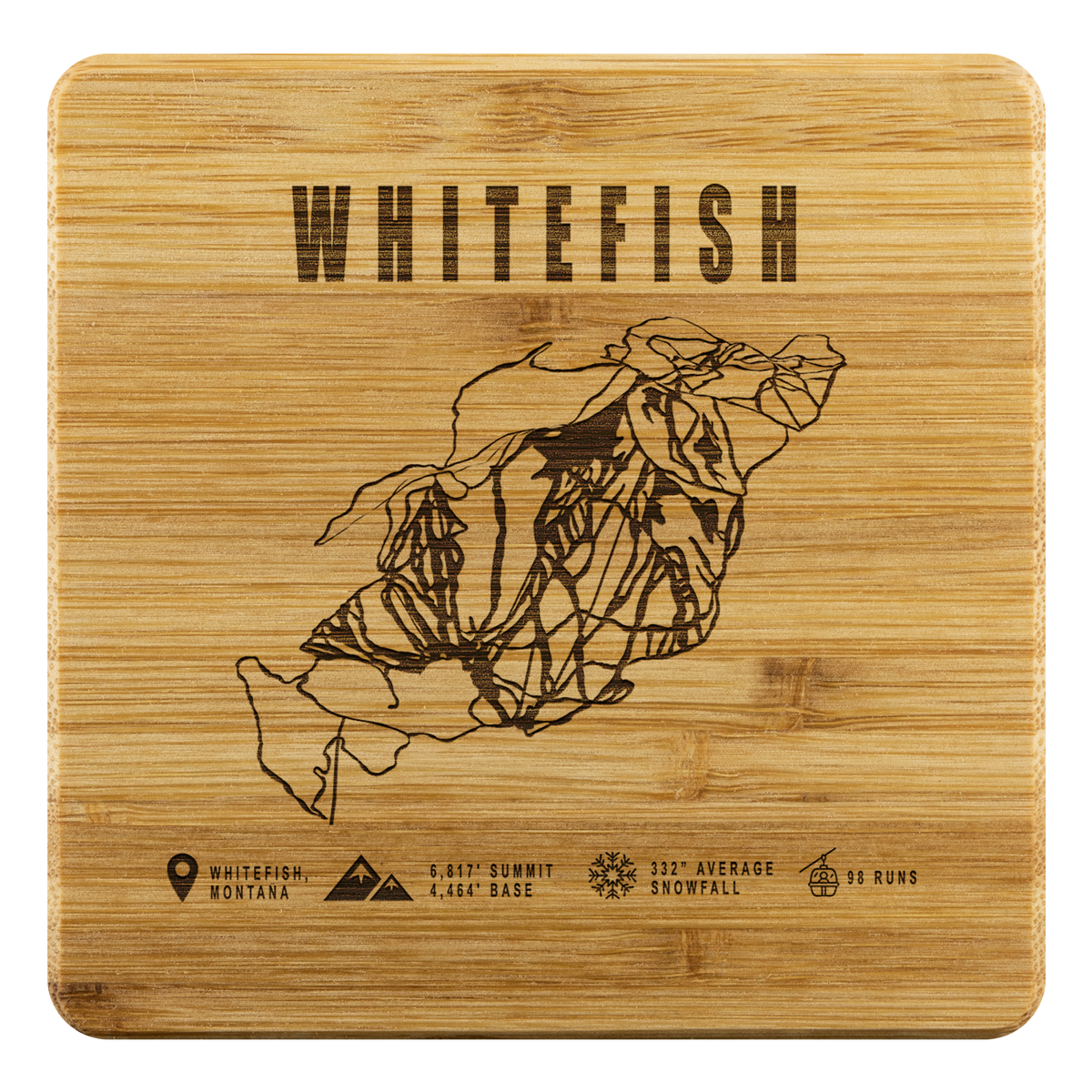 Whitefish Montana Ski Trail Map Bamboo Coaster - Powderaddicts