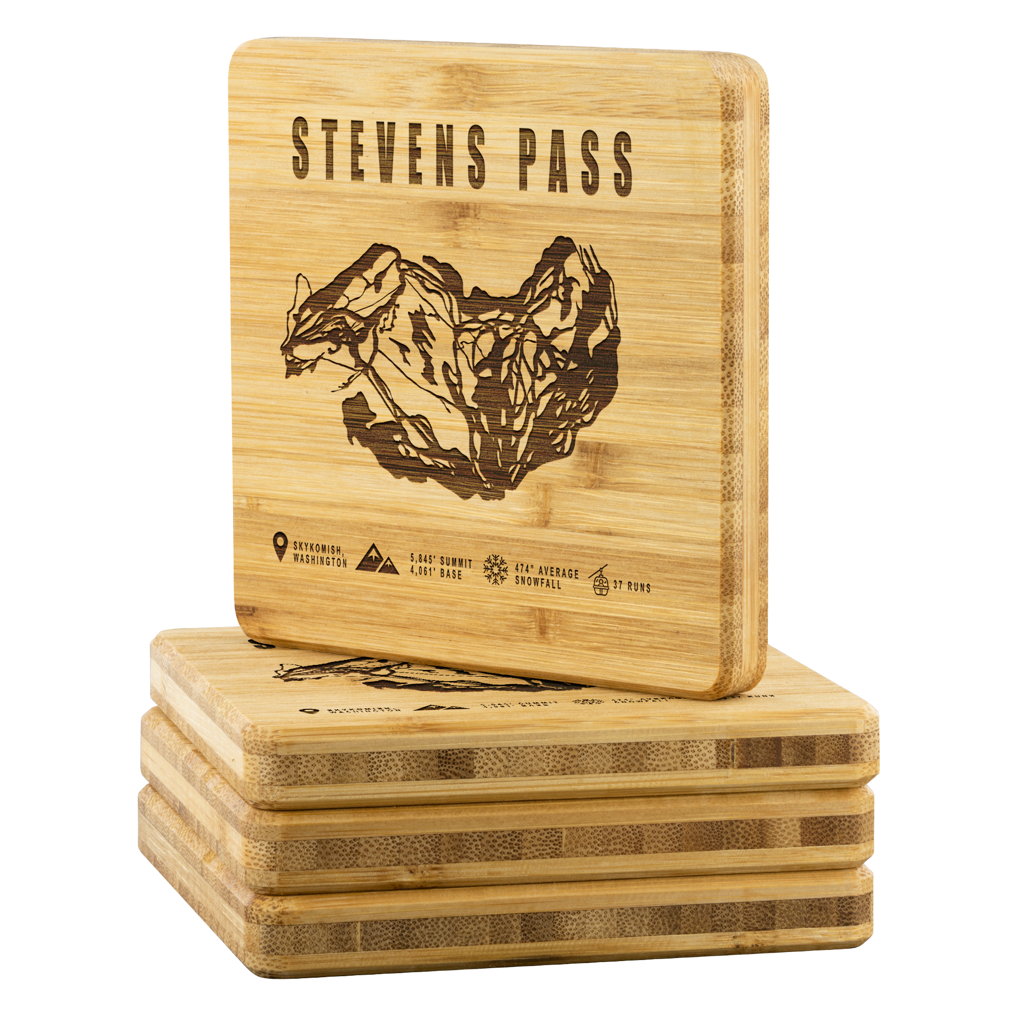 Stevens Pass, Washington Ski Trail Map Bamboo Coaster - Powderaddicts