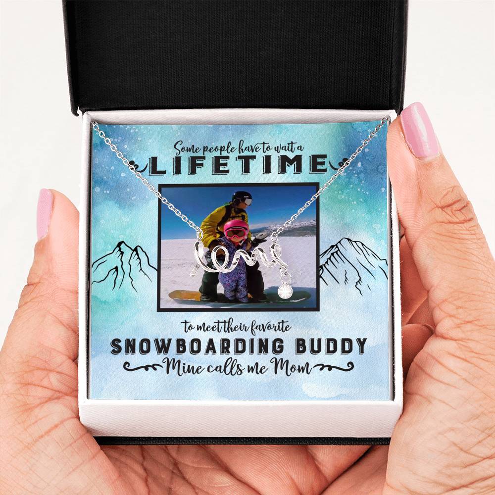 PERSONALIZED Photo Message Card | Some People Wait A Lifetime To Find Their Favorite Snowboarding Buddy, Mine Calls Me Mom | Scripted Love Necklace - Surgical Steel &amp; Yellow Gold - Powderaddicts