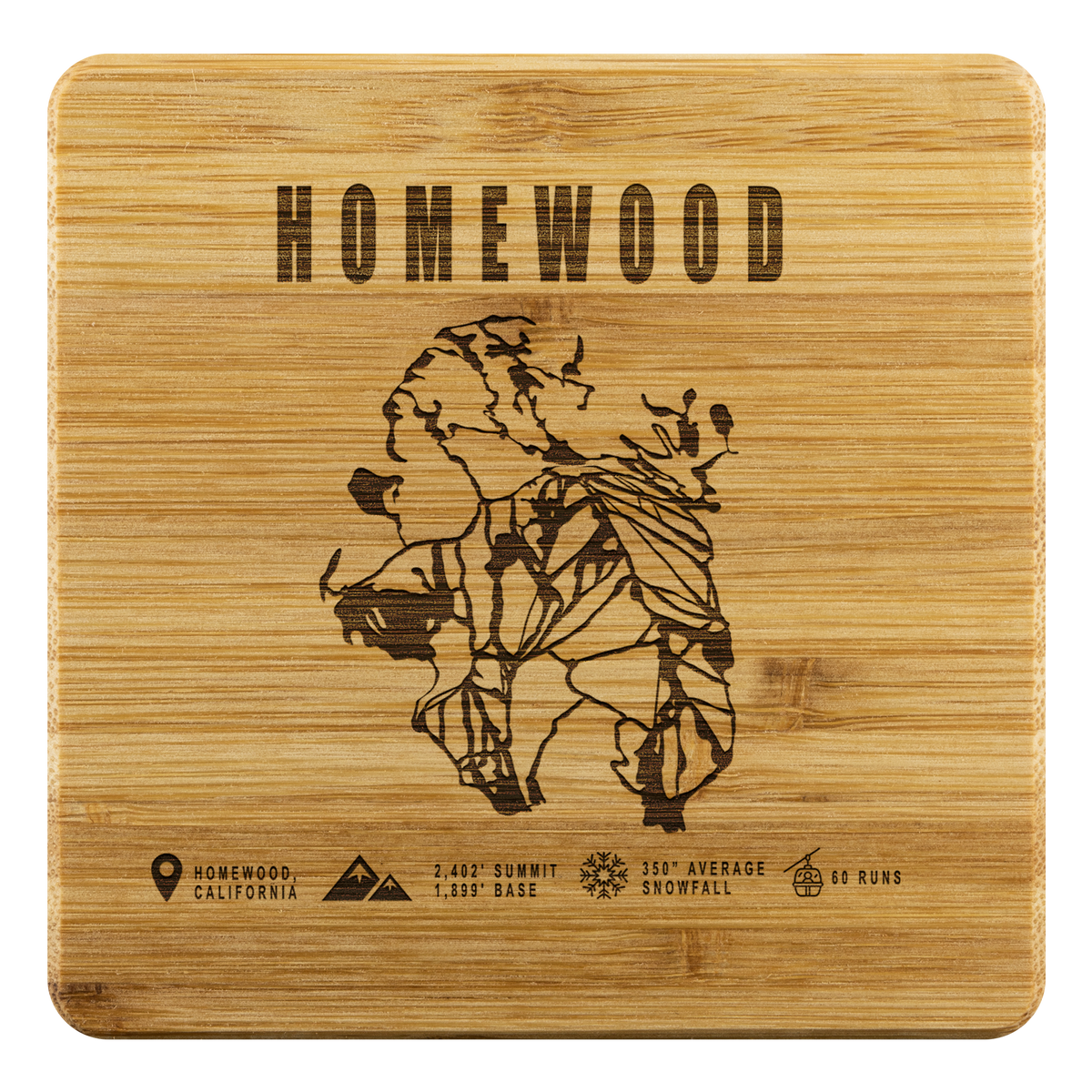 Homewood, California Ski Trail Map Bamboo Coaster - Powderaddicts