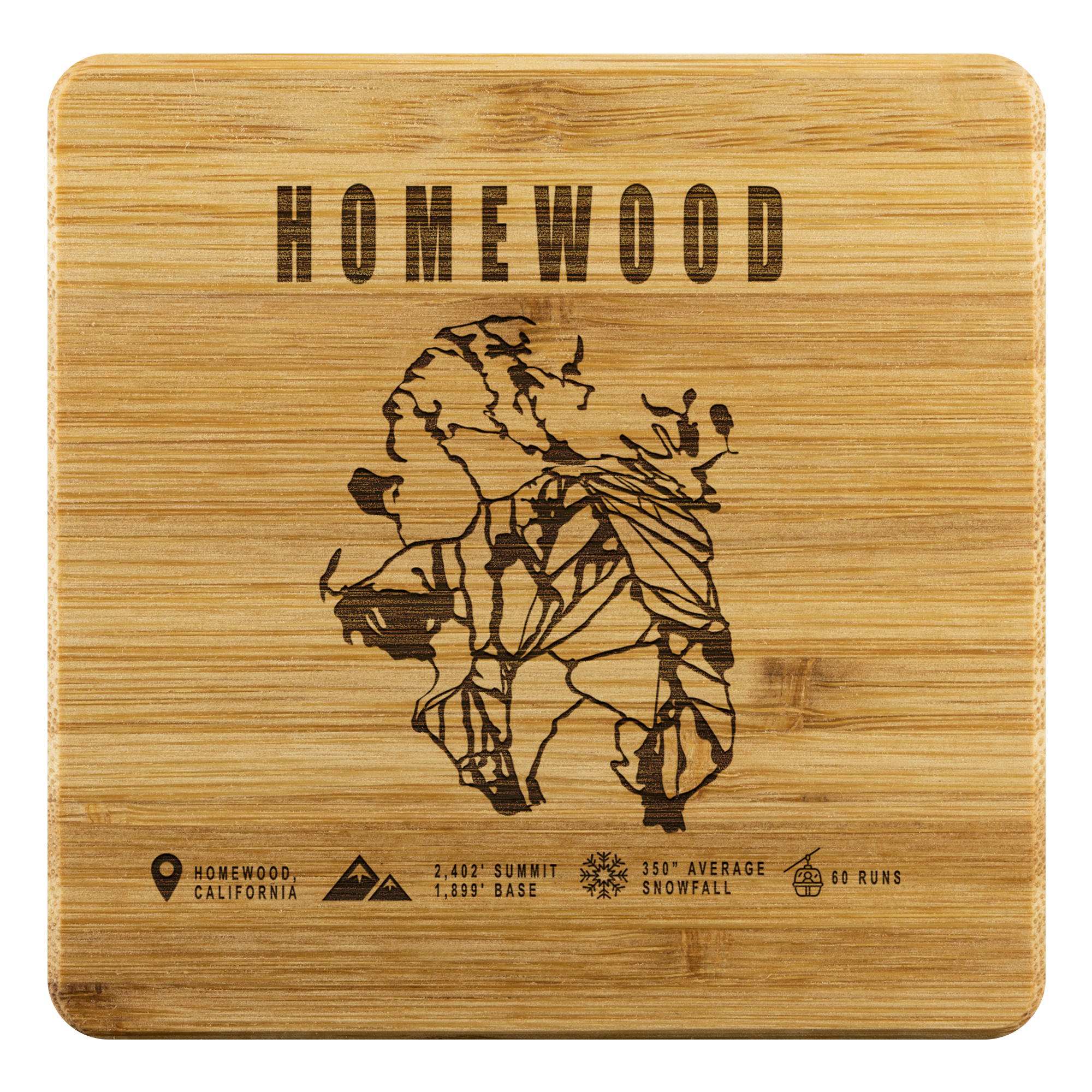 Homewood, California Ski Trail Map Bamboo Coaster - Powderaddicts