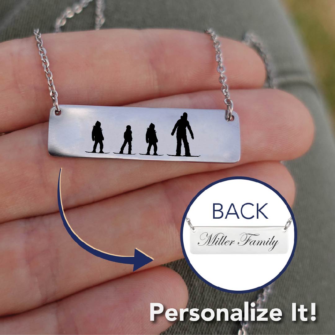 Riding Snowboarding Family - 1 Mom, 3 Kids | Personalized Bar Pendant Necklace - Powderaddicts