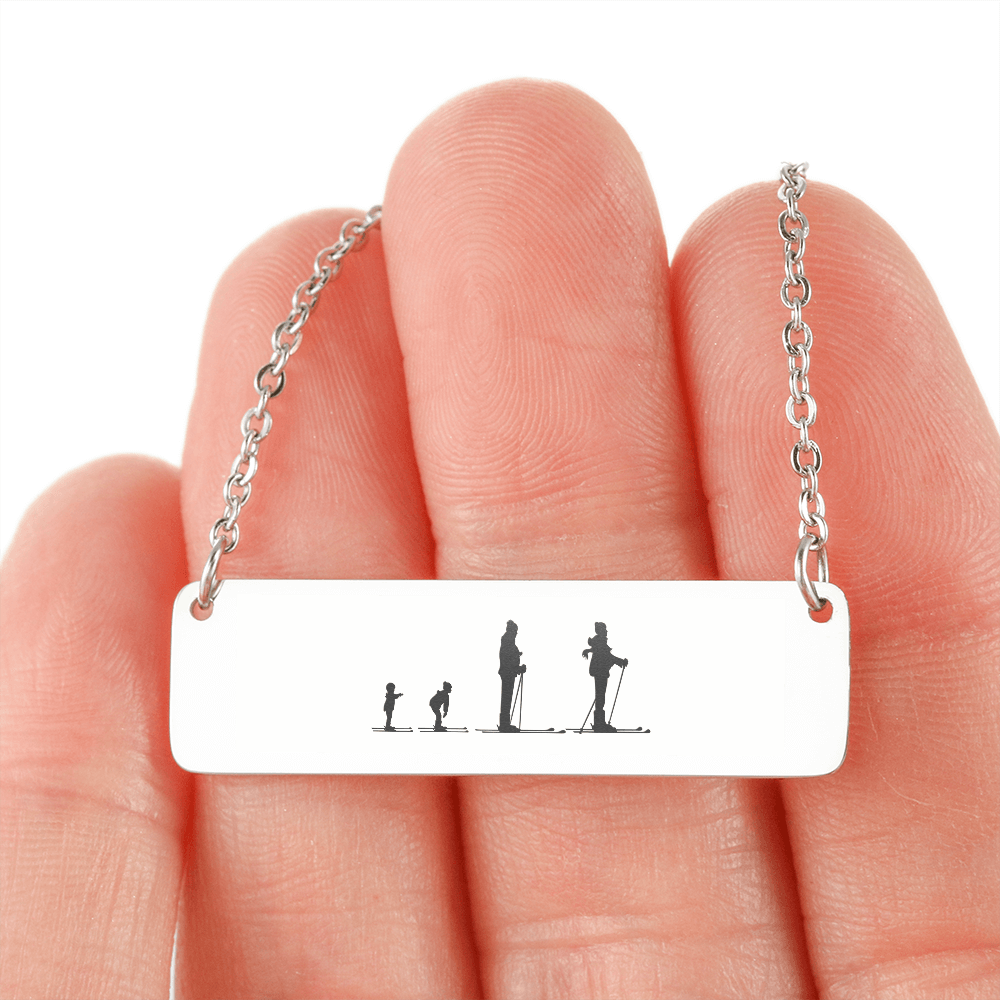 Skiing Family - 1 Mom, 1 Dad, 2 Children | Personalized Bar Pendant Necklace - Powderaddicts