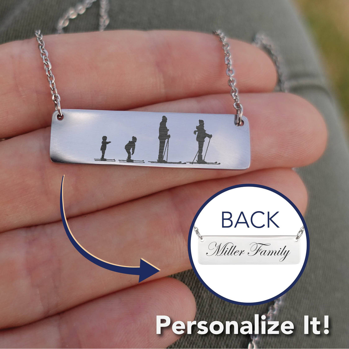 Skiing Family - 1 Mom, 1 Dad, 2 Children | Personalized Bar Pendant Necklace - Powderaddicts