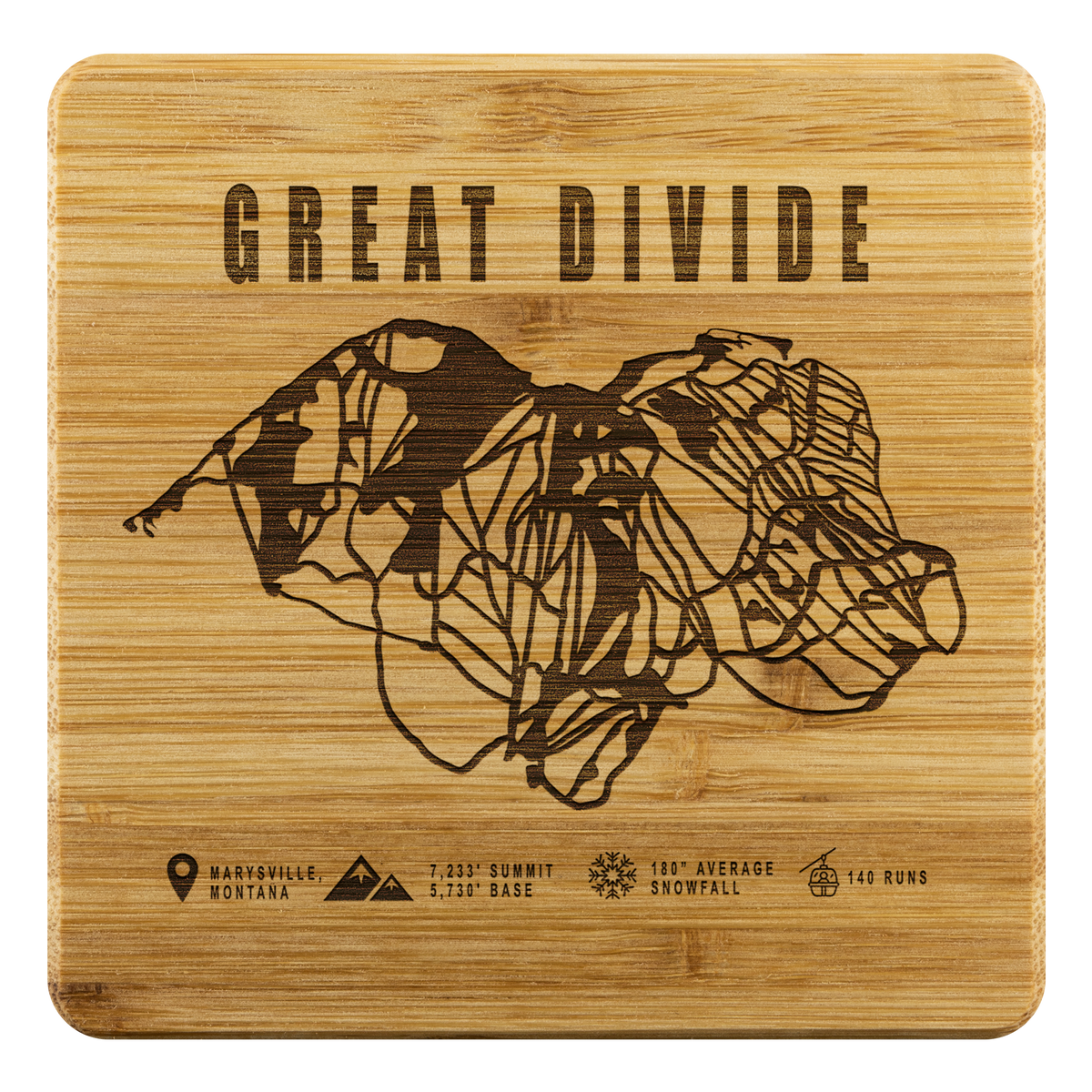 Great Divide Montana Ski Trail Map Bamboo Coaster - Powderaddicts