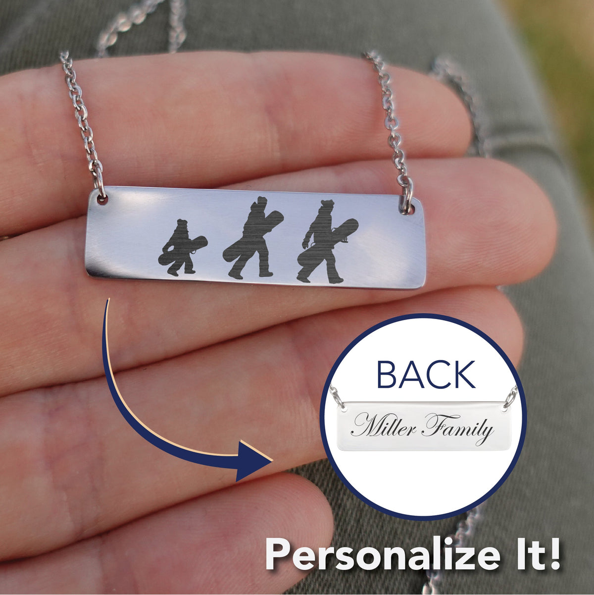 Walking Snowboarding Family - 1 Mom, 1 Dad, 1 Kid | Personalized Bar Pendant Necklace - Powderaddicts