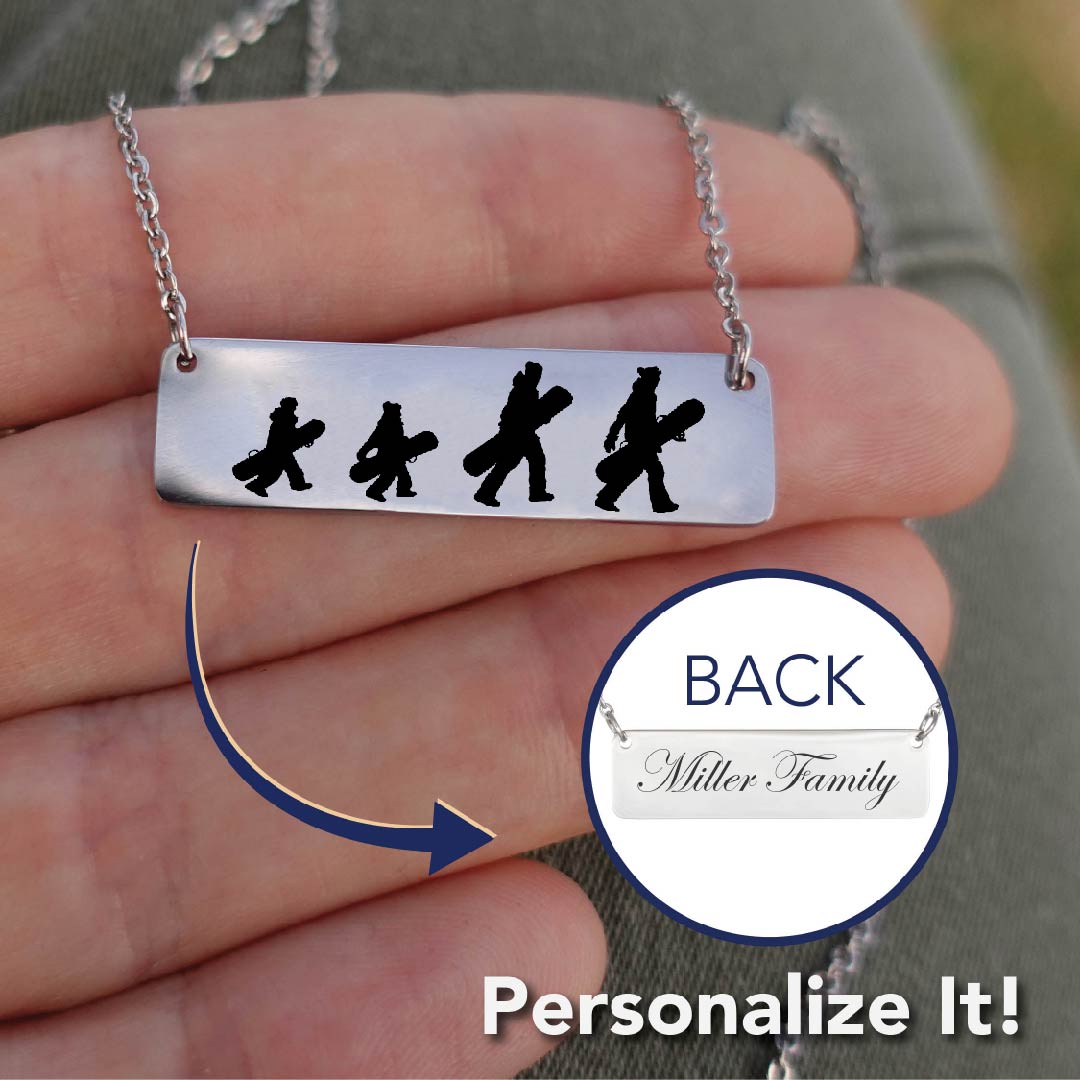 Walking Snowboarding Family - 1 Mom, 1 Dad, 2 Kids | Personalized Bar Pendant Necklace - Powderaddicts