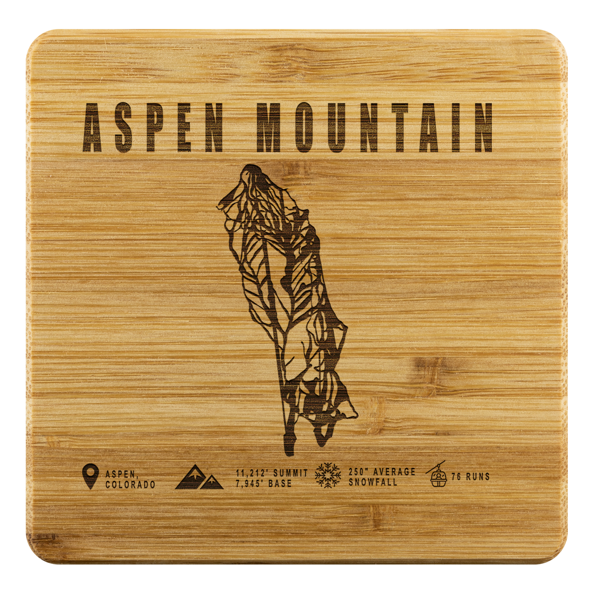 Aspen Mountain Colorado Ski Trail Map Bamboo Coaster - Powderaddicts